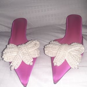 Bow & Faux Pearl Decor Stiletto Heeled Mules 2.2 ins. Heel